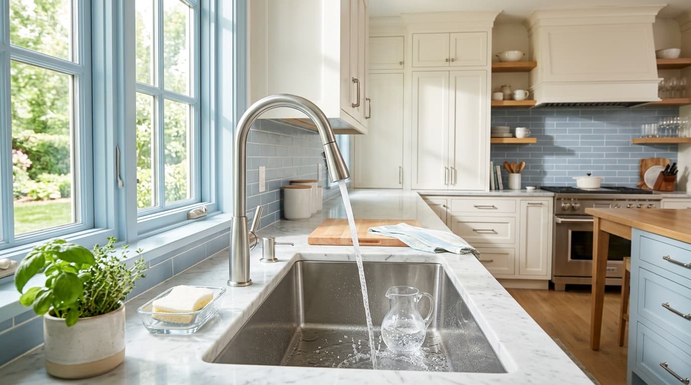 Pristine water flowing from a modern kitchen faucet